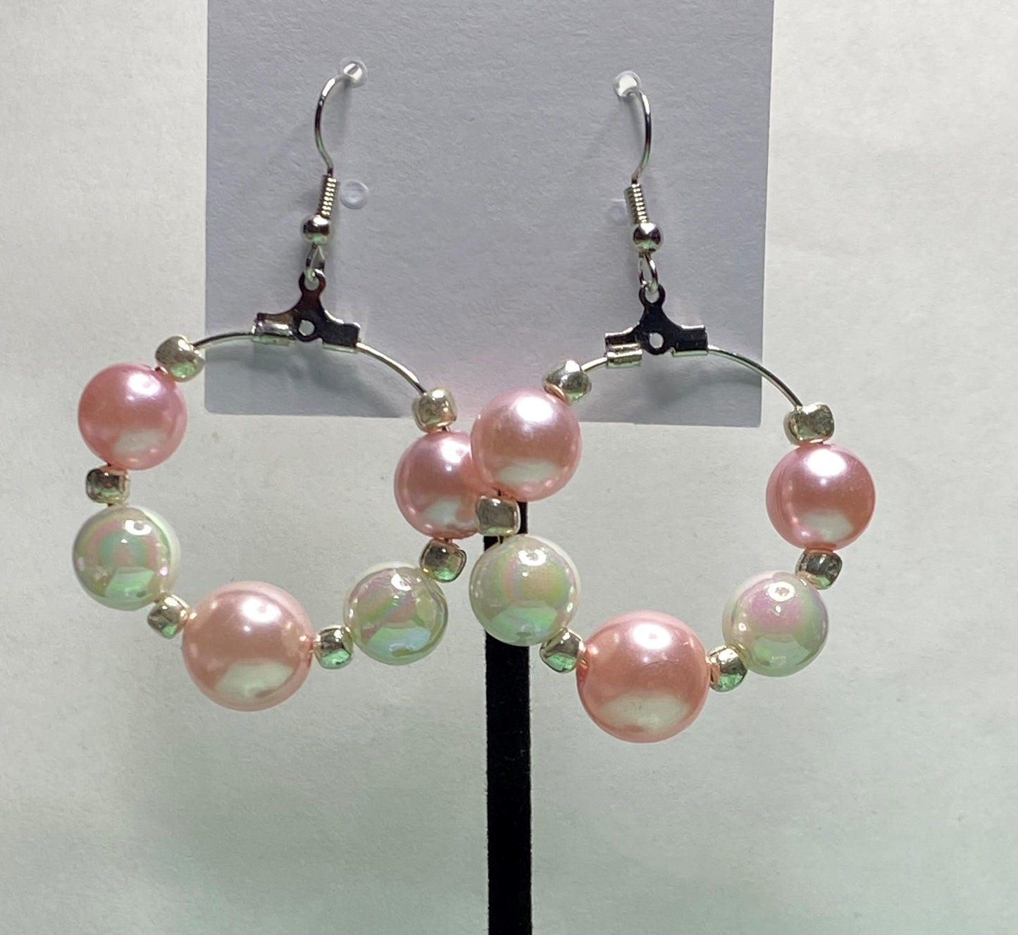 Pink, White, Silver Hoop Earrings