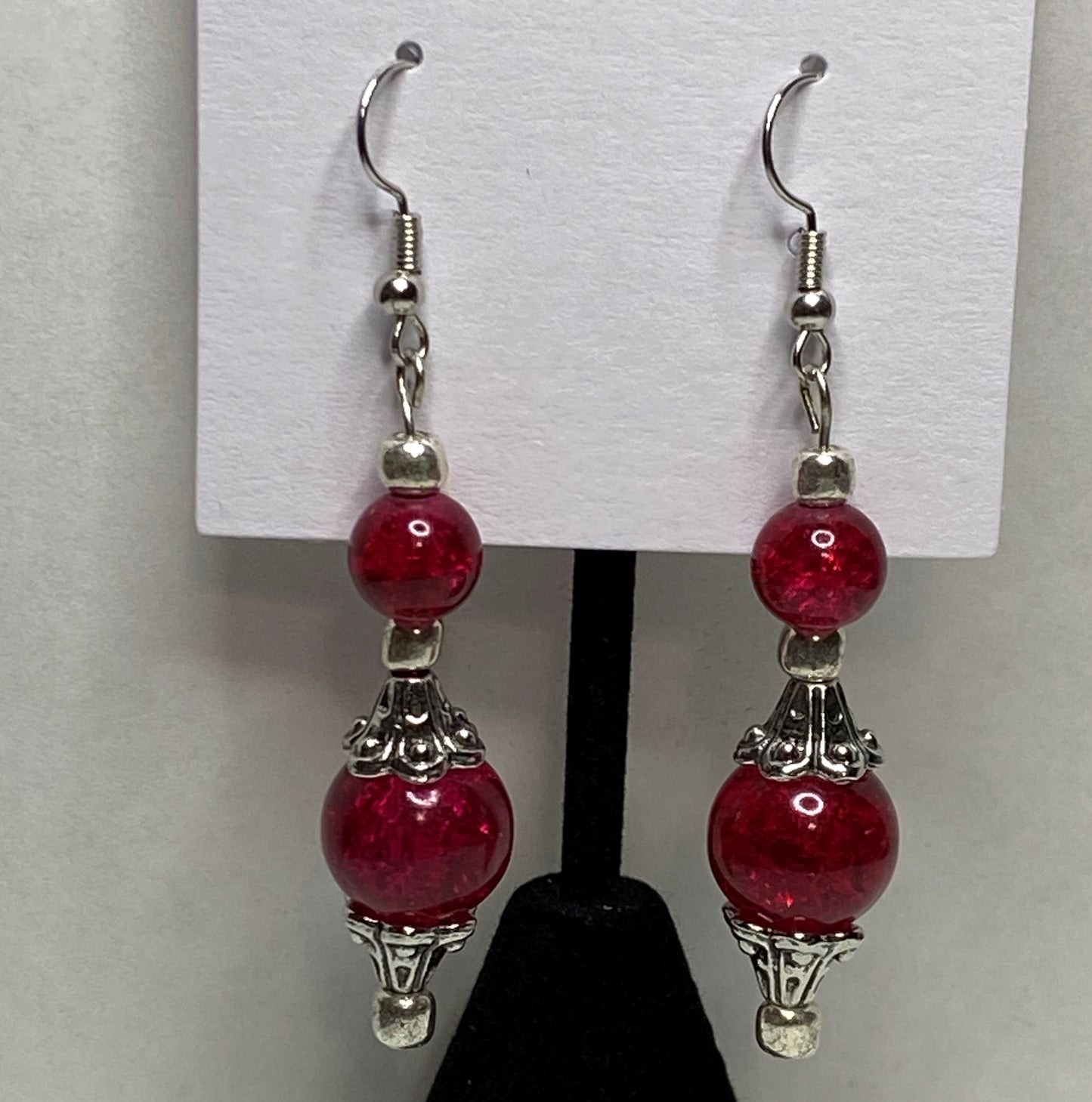 Red, Silver Dangle Earrings