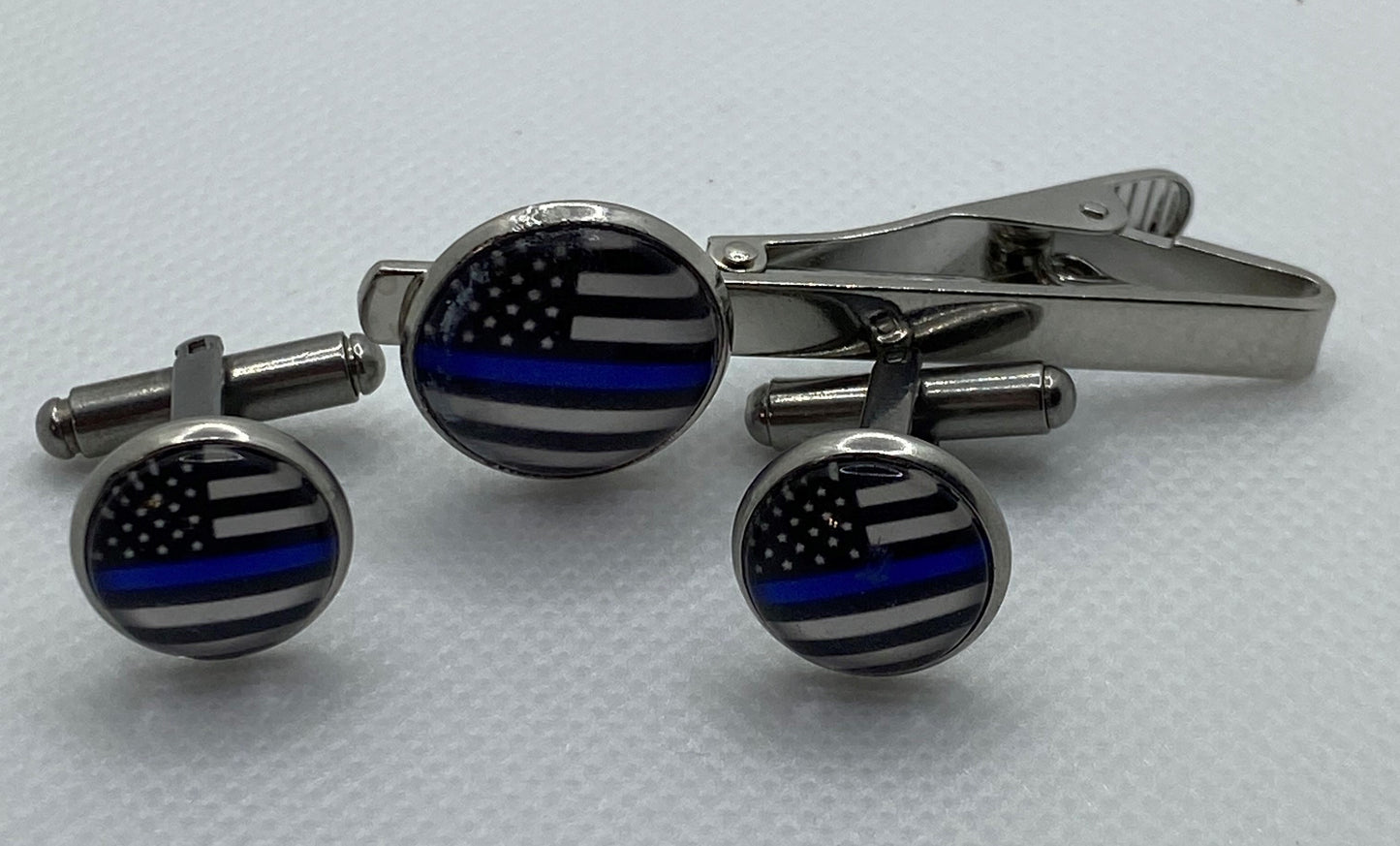 American Flag Blue Thin Line Cuff Link - Tie Clip Set