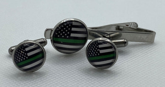 American Flag Green Thin Line Cuff Link - Tie Clip Set