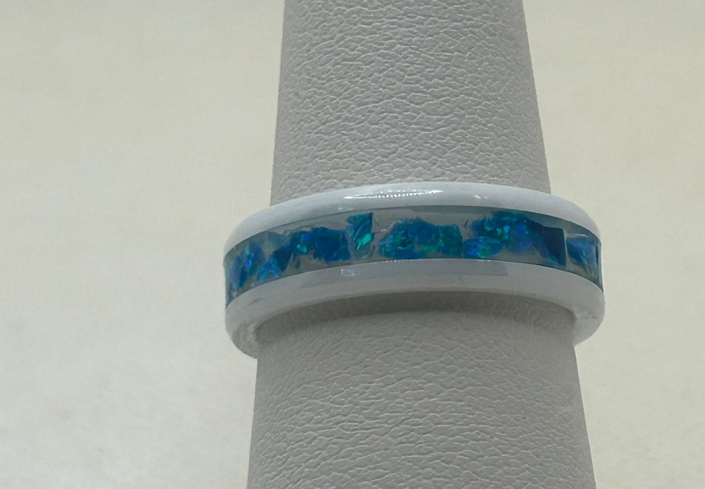 Teal Blue Opal White Ceramic Ring