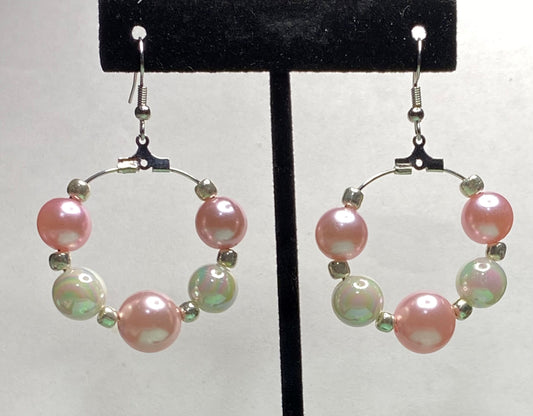 Pink, White, Silver Hoop Earrings