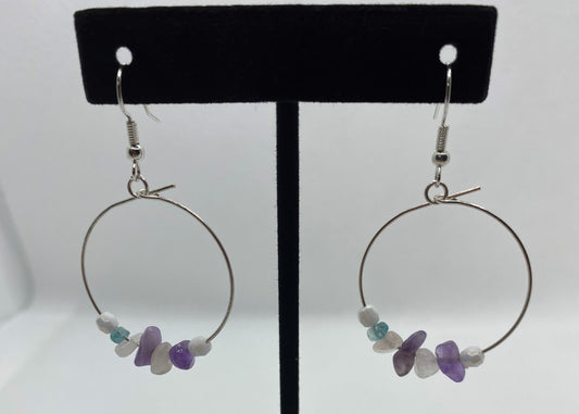 Clear, Purple, Turquoise, White Hoop Earrings