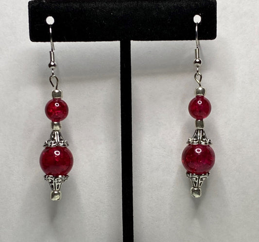 Red, Silver Dangle Earrings